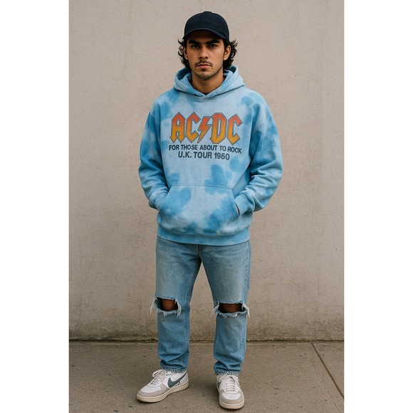 AC/DC Other - AC/DC Tie Dye Hoodie 3XL Blue Graphic UK Tour Sweatshirt Y2K 80s Vintage Style